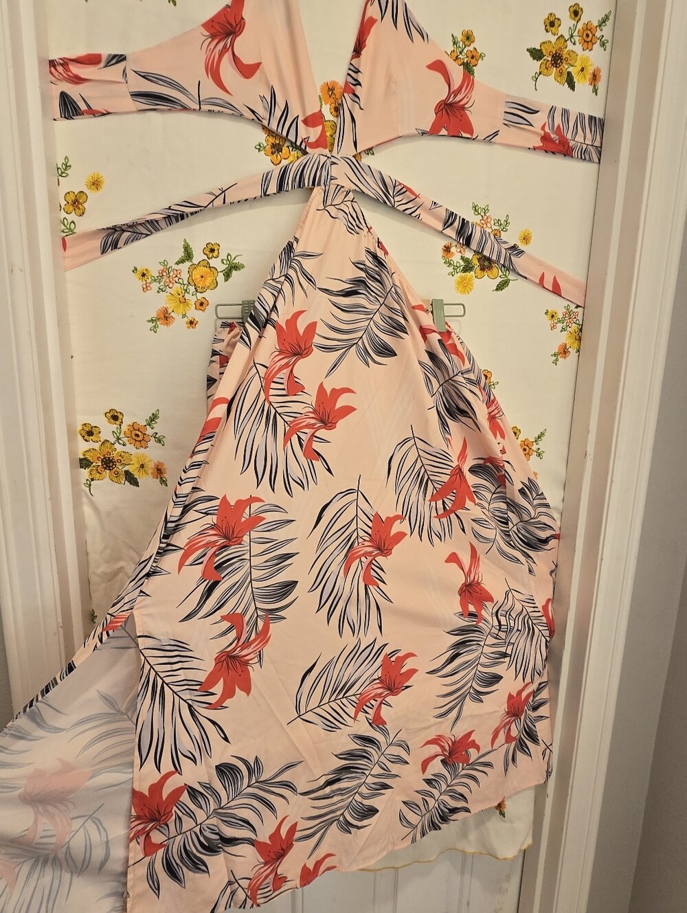 tropical floral halter wrap dress, S/M